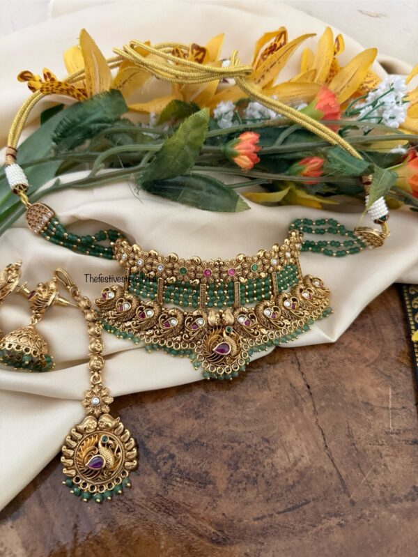 Bridal green beads choker set with Maangtikka | Navilu