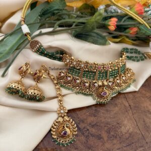 Bridal green beads choker set with Maangtikka | Navilu