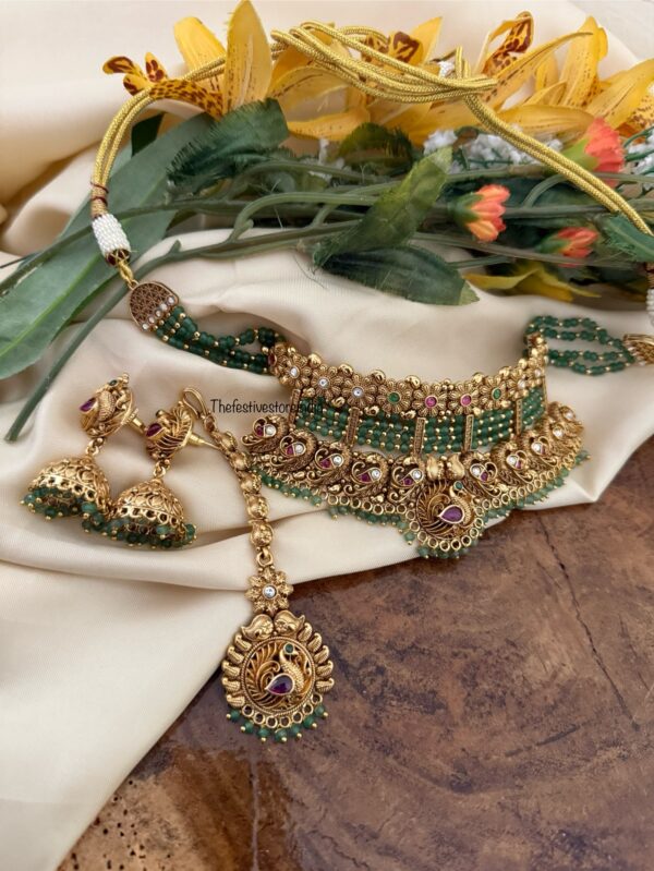 Bridal green beads choker set with Maangtikka | Navilu