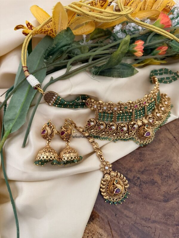 Bridal green beads choker set with Maangtikka | Navilu