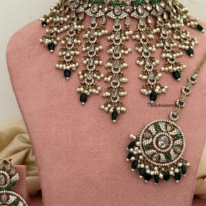 CZ Victorian choker set with maangtikka - Emerald / Green | Bridal