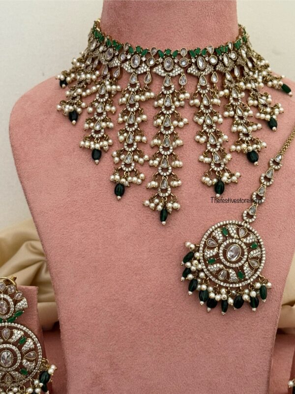 CZ Victorian choker set with maangtikka - Emerald / Green | Bridal