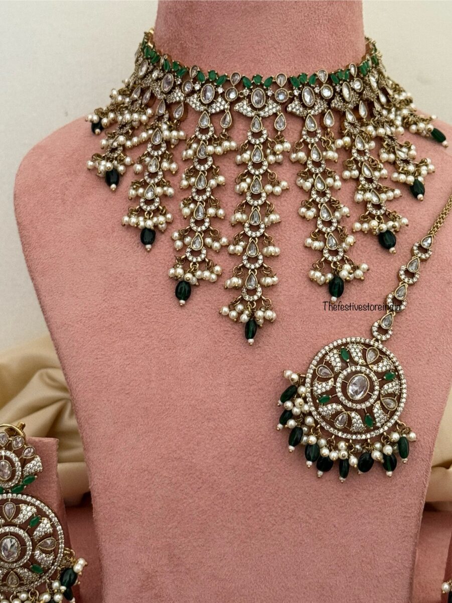 CZ Victorian choker set with maangtikka - Emerald / Green | Bridal