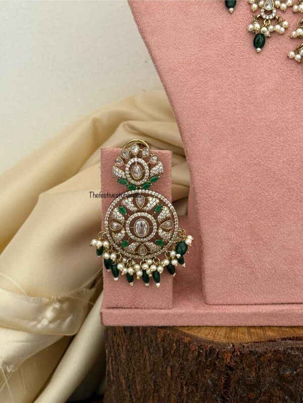 CZ Victorian choker set with maangtikka - Emerald / Green | Bridal