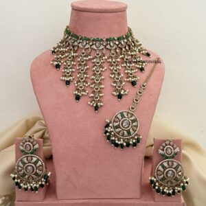 CZ Victorian choker set with maangtikka - Emerald / Green | Bridal