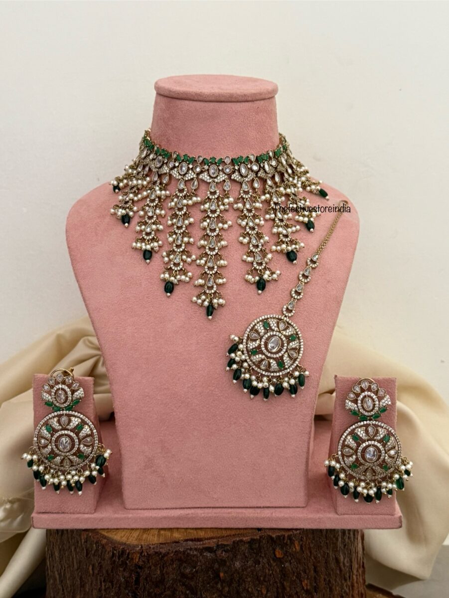 CZ Victorian choker set with maangtikka - Emerald / Green | Bridal