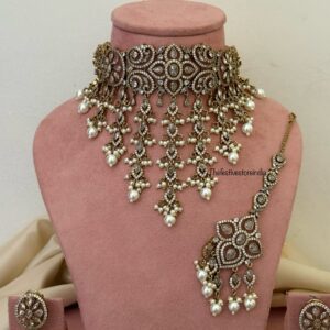 Floral CZ Victorian choker set with maangtikka - All white | Bridal