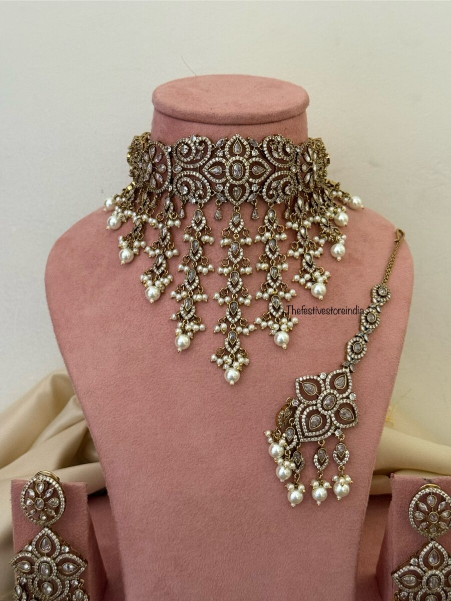 Floral CZ Victorian choker set with maangtikka - All white | Bridal