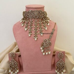 Floral CZ Victorian choker set with maangtikka - All white | Bridal