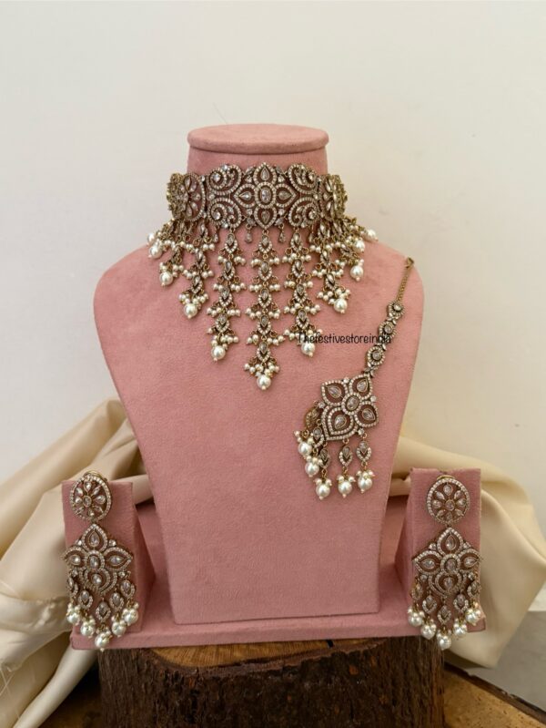 Floral CZ Victorian choker set with maangtikka - All white | Bridal