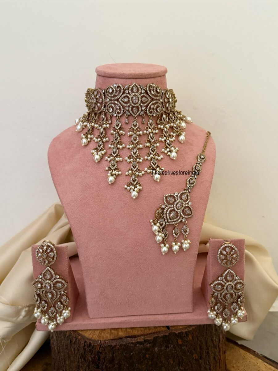 Floral CZ Victorian choker set with maangtikka - All white | Bridal