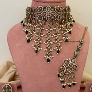 Floral CZ Victorian choker set with maangtikka - Emerald / Green | Bridal