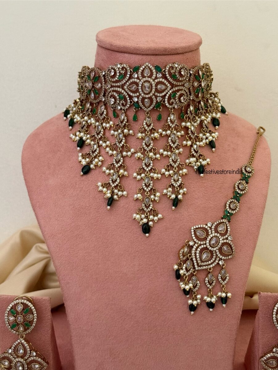 Floral CZ Victorian choker set with maangtikka - Emerald / Green | Bridal