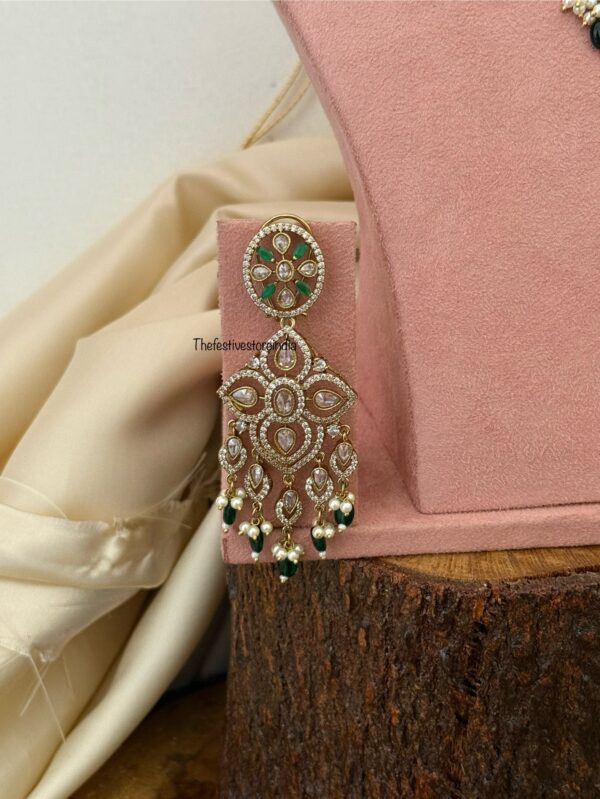 Floral CZ Victorian choker set with maangtikka - Emerald / Green | Bridal