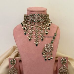 Floral CZ Victorian choker set with maangtikka - Emerald / Green | Bridal