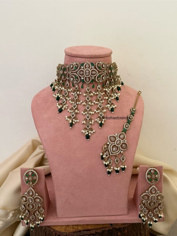 Floral CZ Victorian choker set with maangtikka - Emerald / Green | Bridal