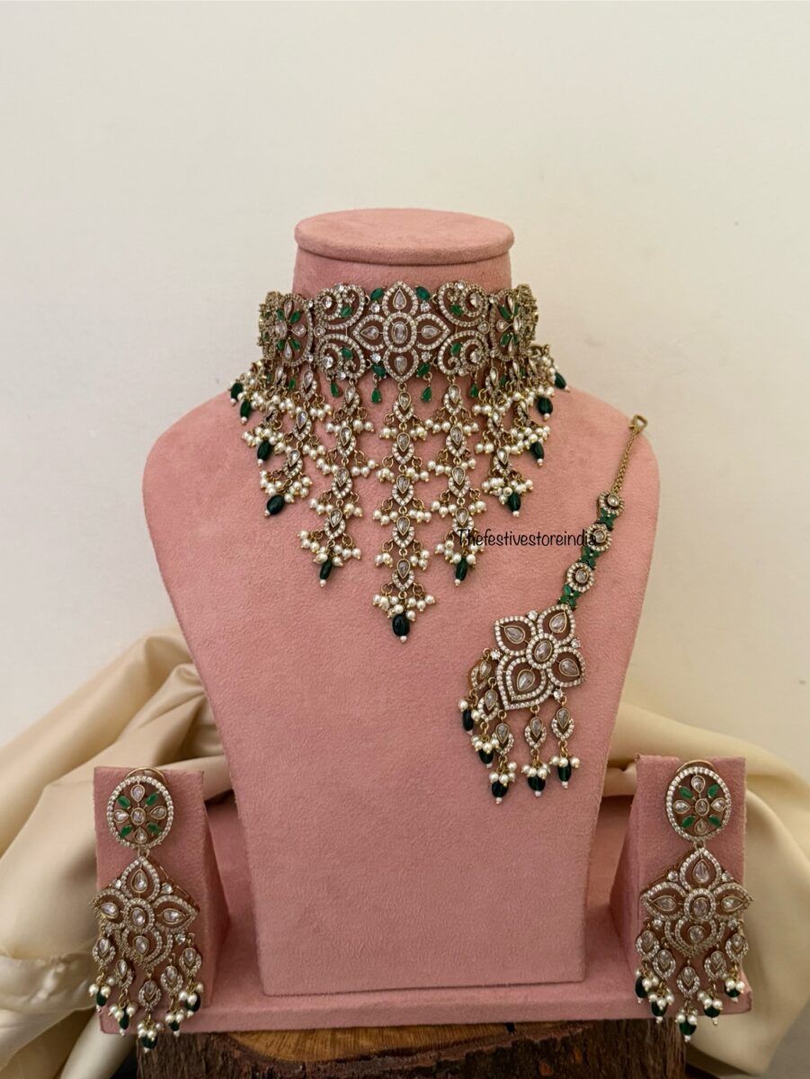 Floral CZ Victorian choker set with maangtikka - Emerald / Green | Bridal