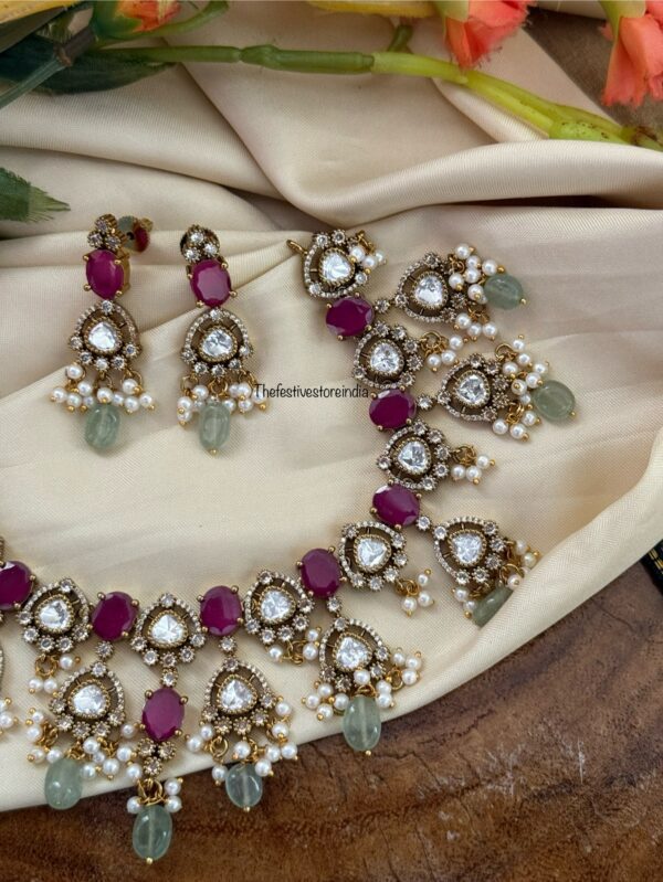 Moissanite & Ruby stone Mint drops necklace set | Bridal | Wedding