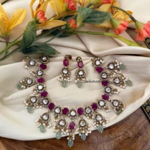 Moissanite & Ruby stone Mint drops necklace set | Bridal | Wedding
