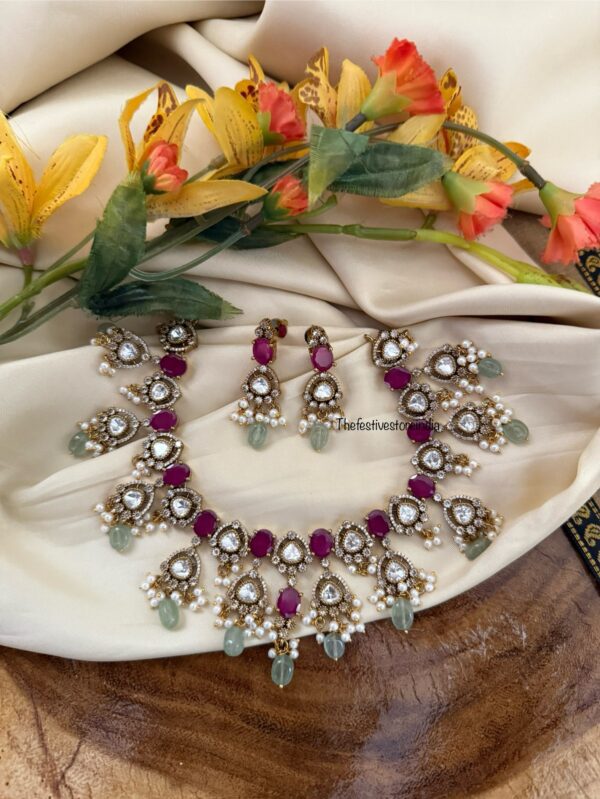 Moissanite & Ruby stone Mint drops necklace set | Bridal | Wedding