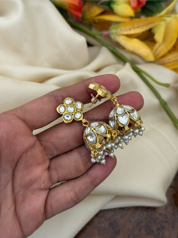 Classic all white screwback Jadau stone Bridal jhumkas