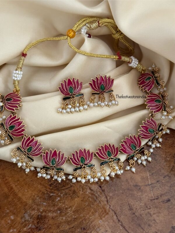Budgeted Enamel painted Lotus necklace set