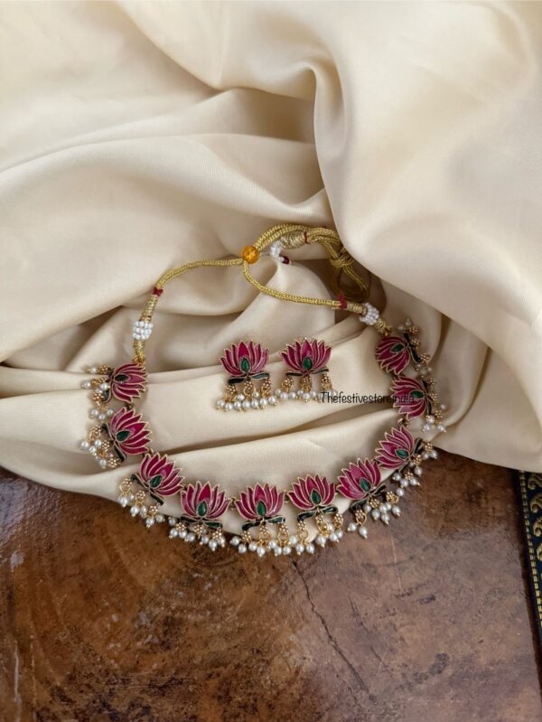 Budgeted Enamel painted Lotus necklace set