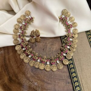 Antique polish lakshmi bottu navilu necklace set with screwback earrings