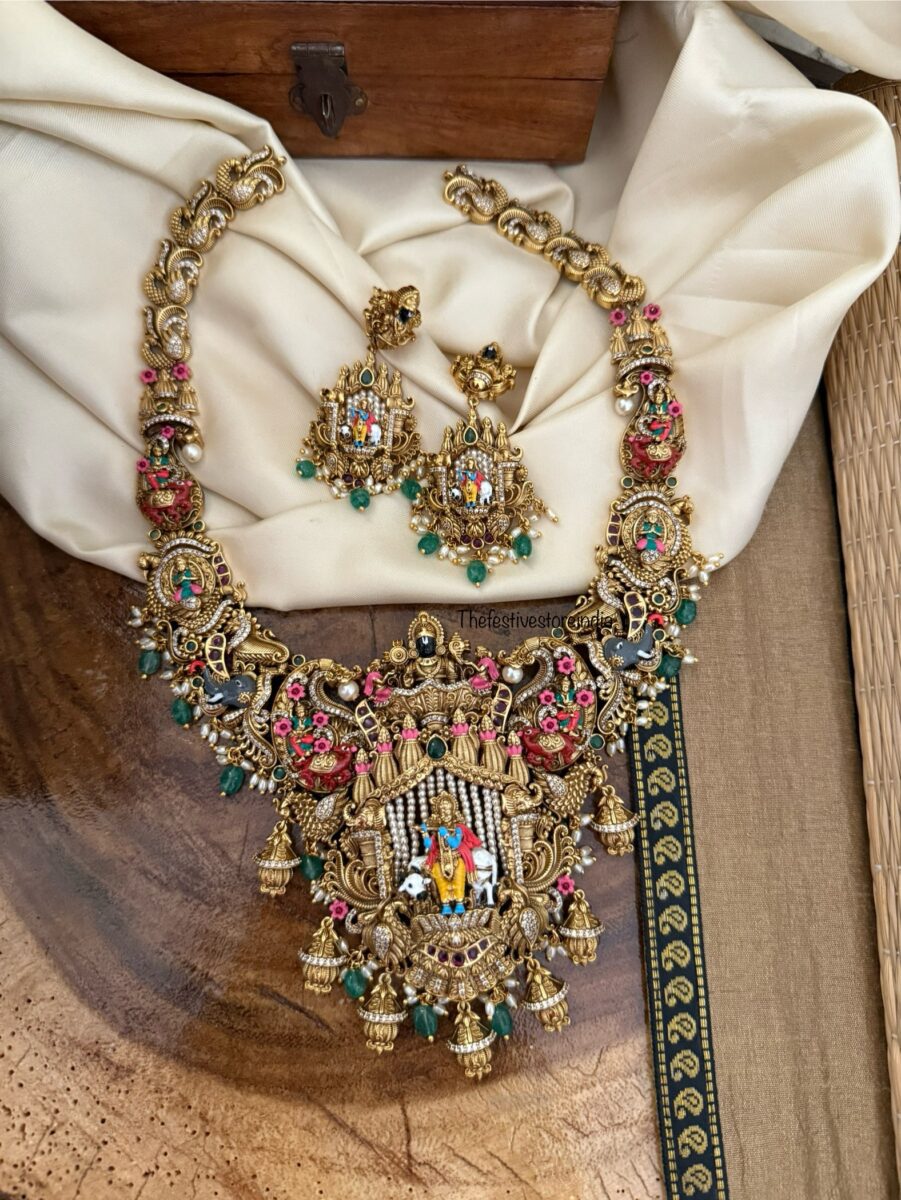 Grand Enamel painted Gopala Krishna haaram set | Bridal