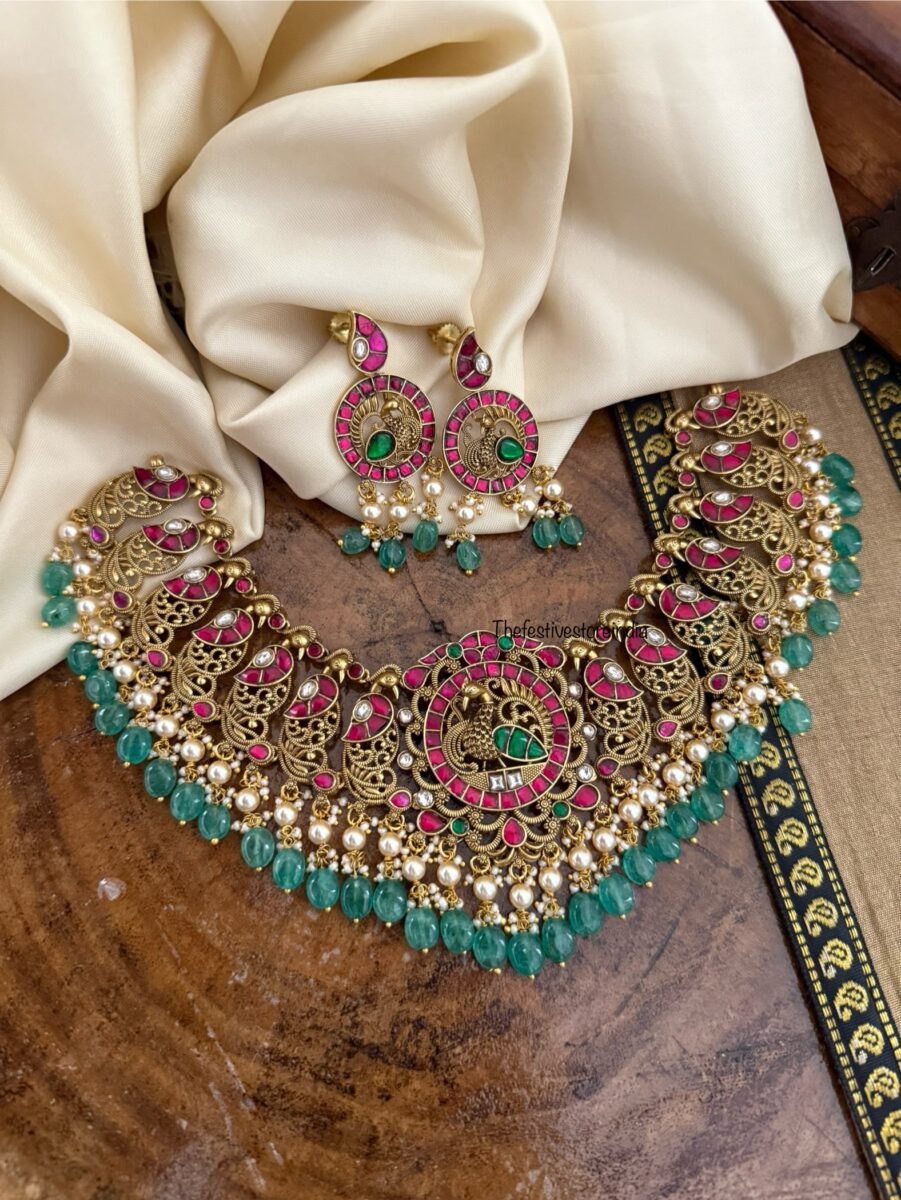 Jadau antique polish 3D Navilu green drops set