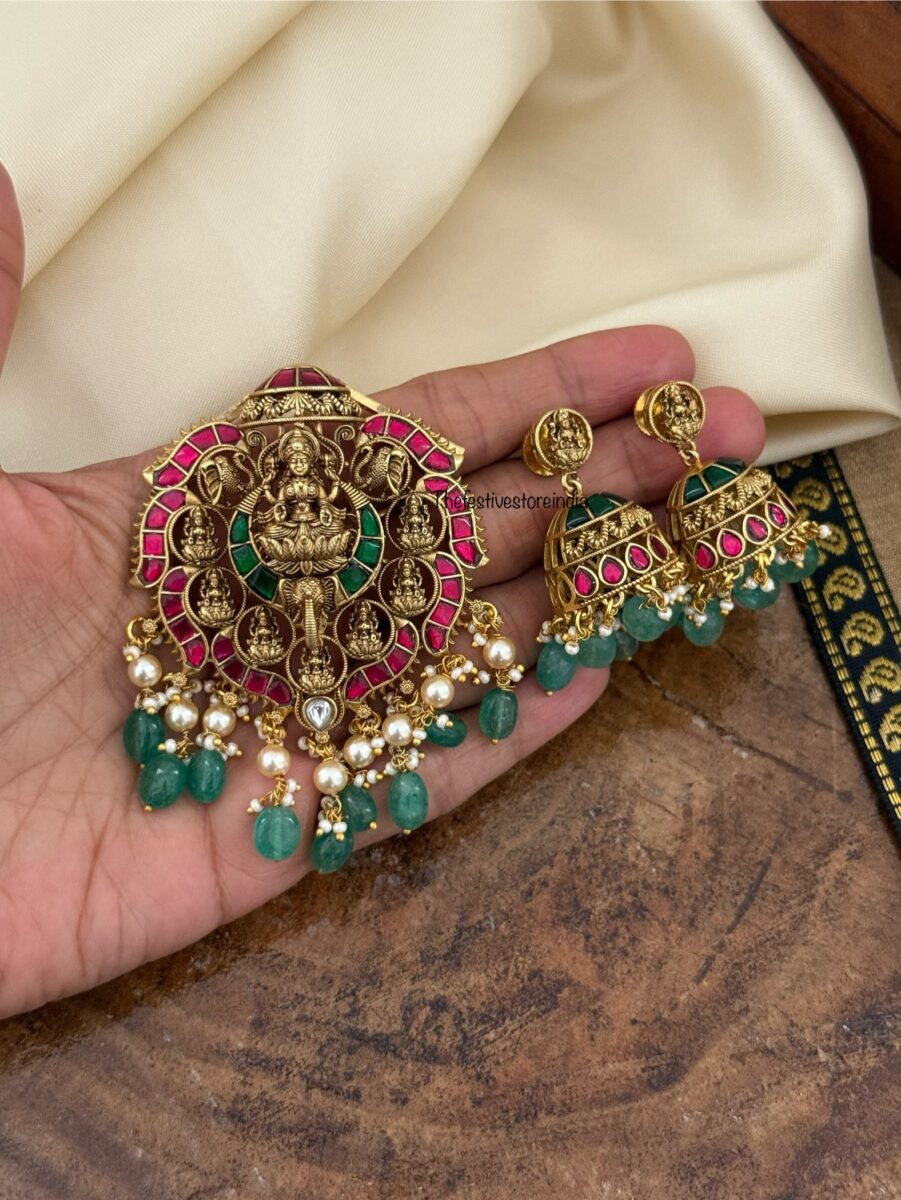 Jadau Lakshmi pendant and jhumkas