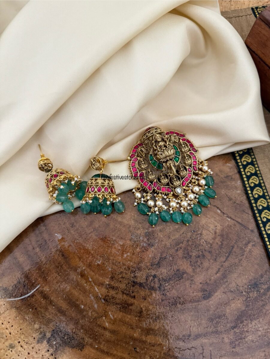 Jadau Lakshmi pendant and jhumkas