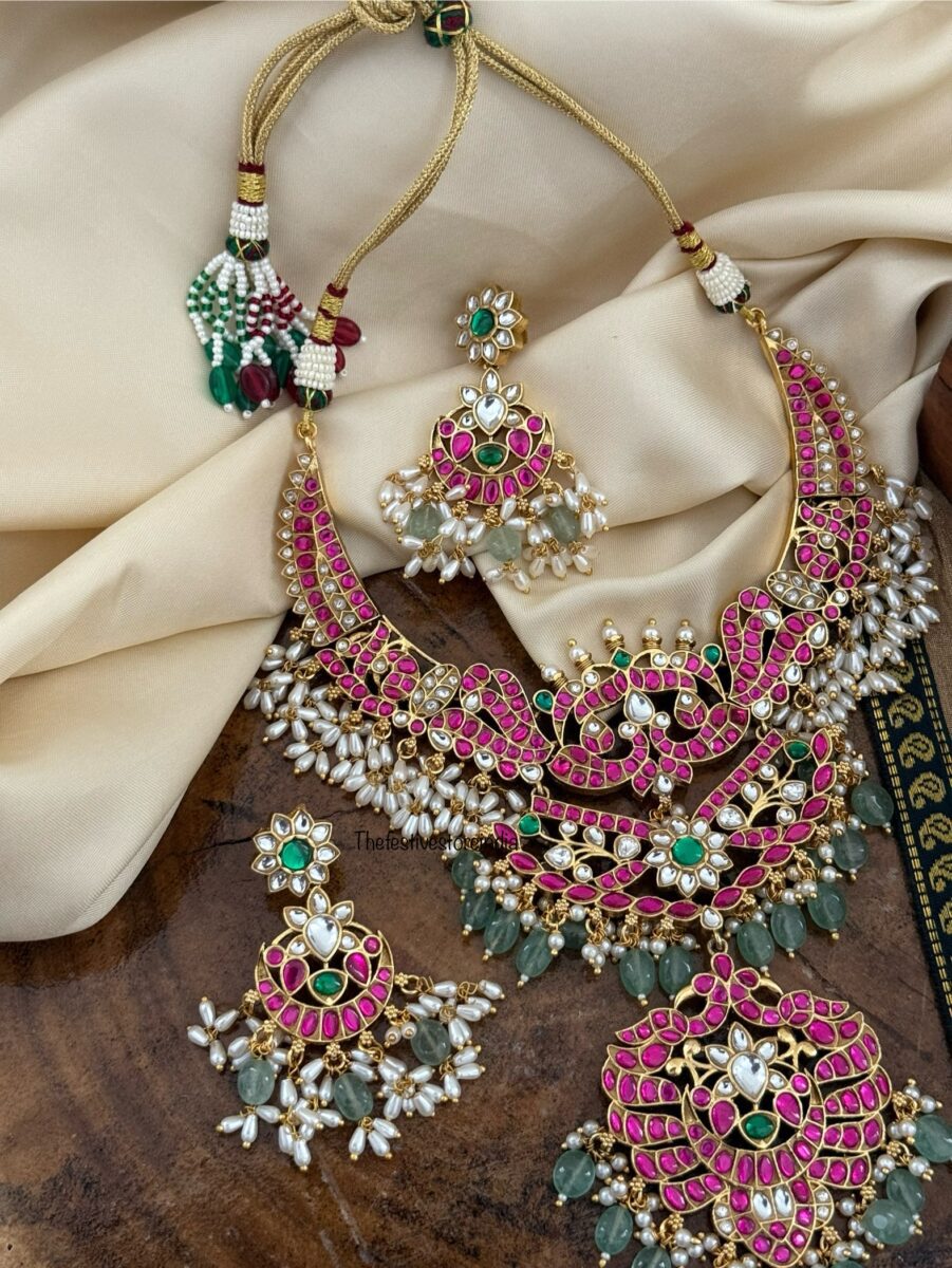 Jadau Bridal non idol necklace set - Red Green