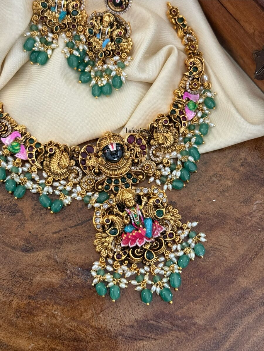 Lakshmi Venkateshwara enamel painted necklace set | Bridal