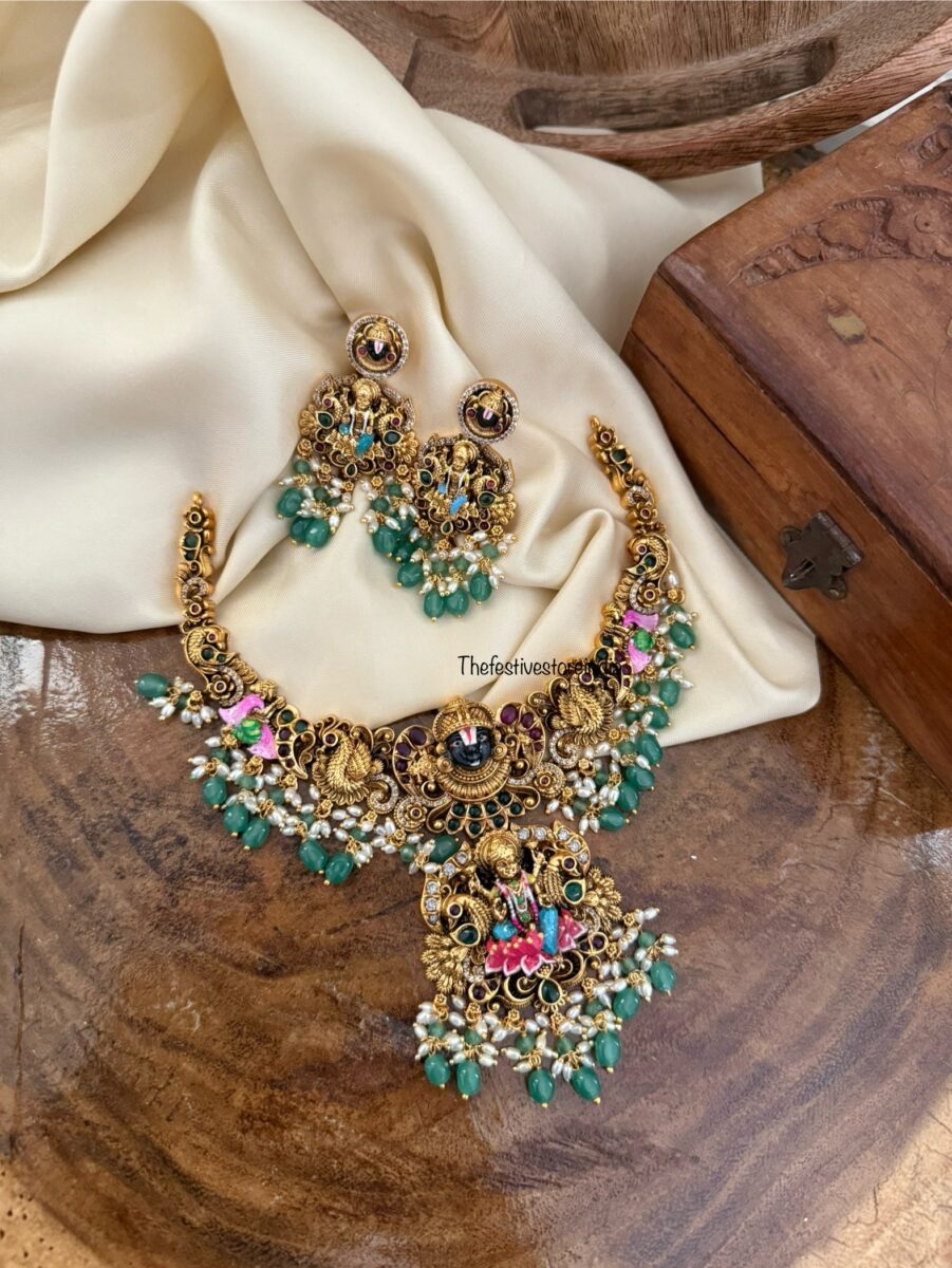 Lakshmi Venkateshwara enamel painted necklace set | Bridal