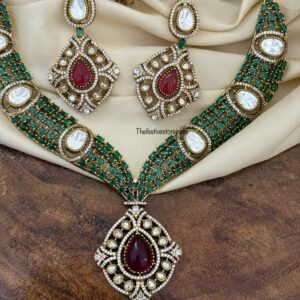 Grand Green stones with ruby Victorian statement necklace set | Unique