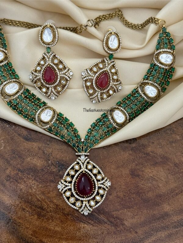 Grand Green stones with ruby Victorian statement necklace set | Unique