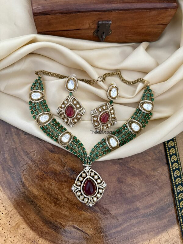 Grand Green stones with ruby Victorian statement necklace set | Unique