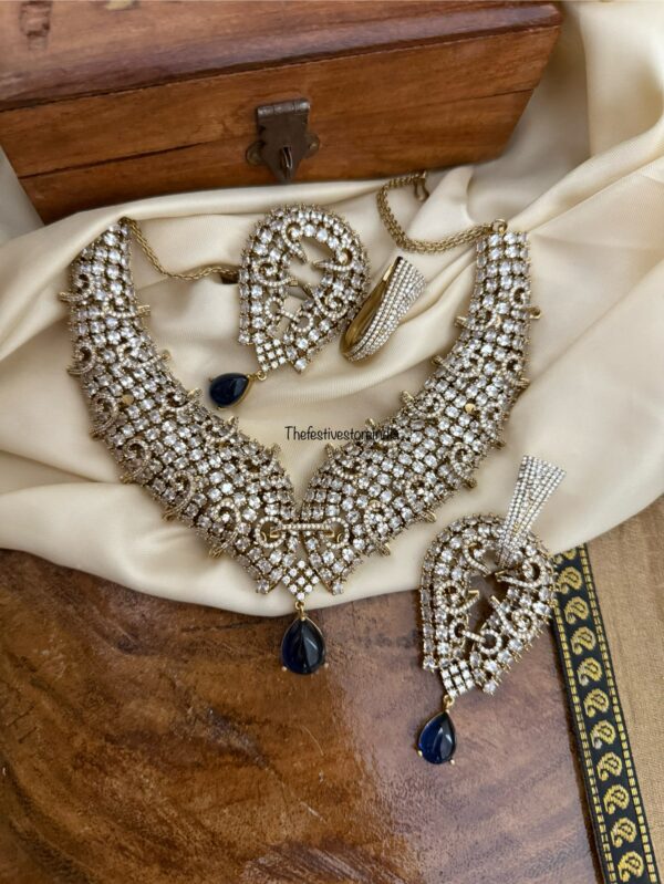 Grand sweetheart all white with blue drop Victorian statement necklace set | Unique