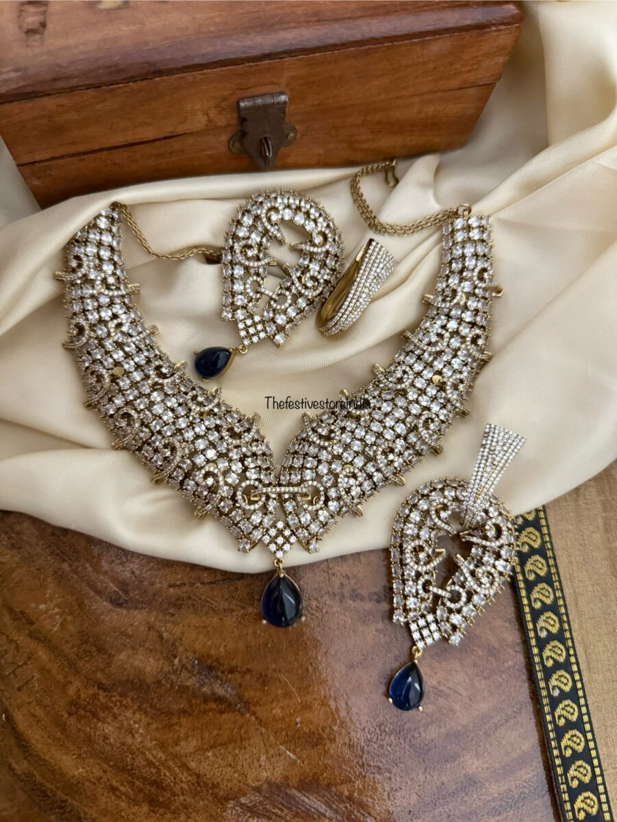 Grand sweetheart all white with blue drop Victorian statement necklace set | Unique