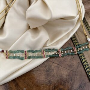 Jadau red stone green beads choker