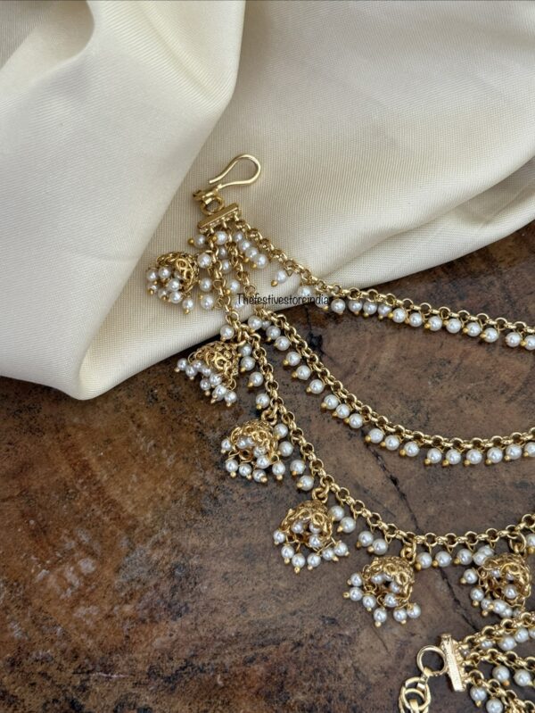 Pearls and hanging jhumka ear chain | maatil | Bridal | Champasaralu