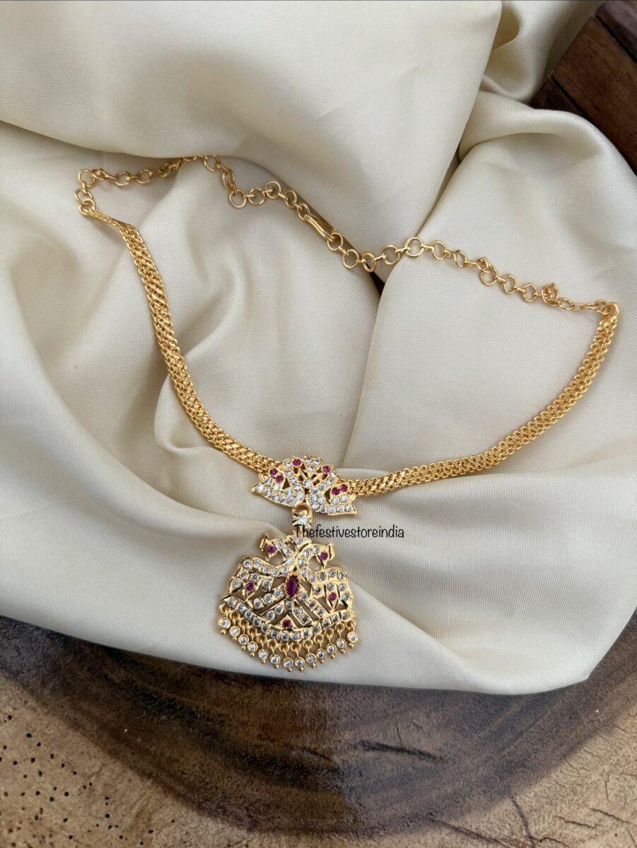 Panchaloha / Impon attigai necklace | Red White stones