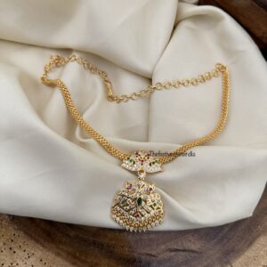 Panchaloha / Impon attigai necklace | Red White Green stones