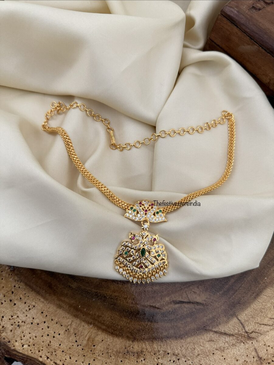 Panchaloha / Impon attigai necklace | Red White Green stones