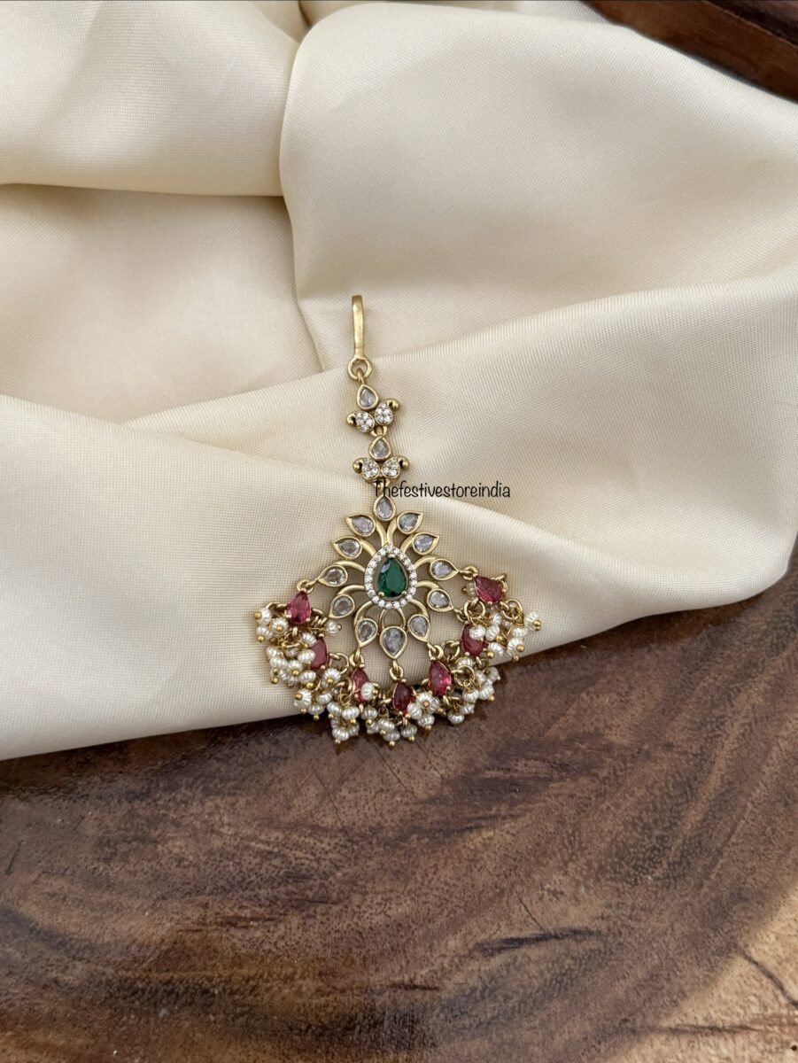 White ruby green stone tikka | Maangtikka