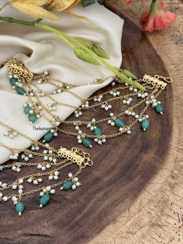 5 layer pastel green drops and pearls ear chain | maatil | Bridal | Champasaralu