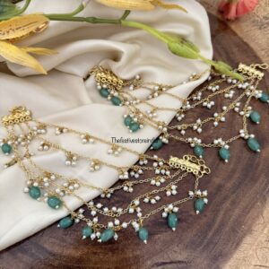 5 layer pastel green drops and pearls ear chain | maatil | Bridal | Champasaralu