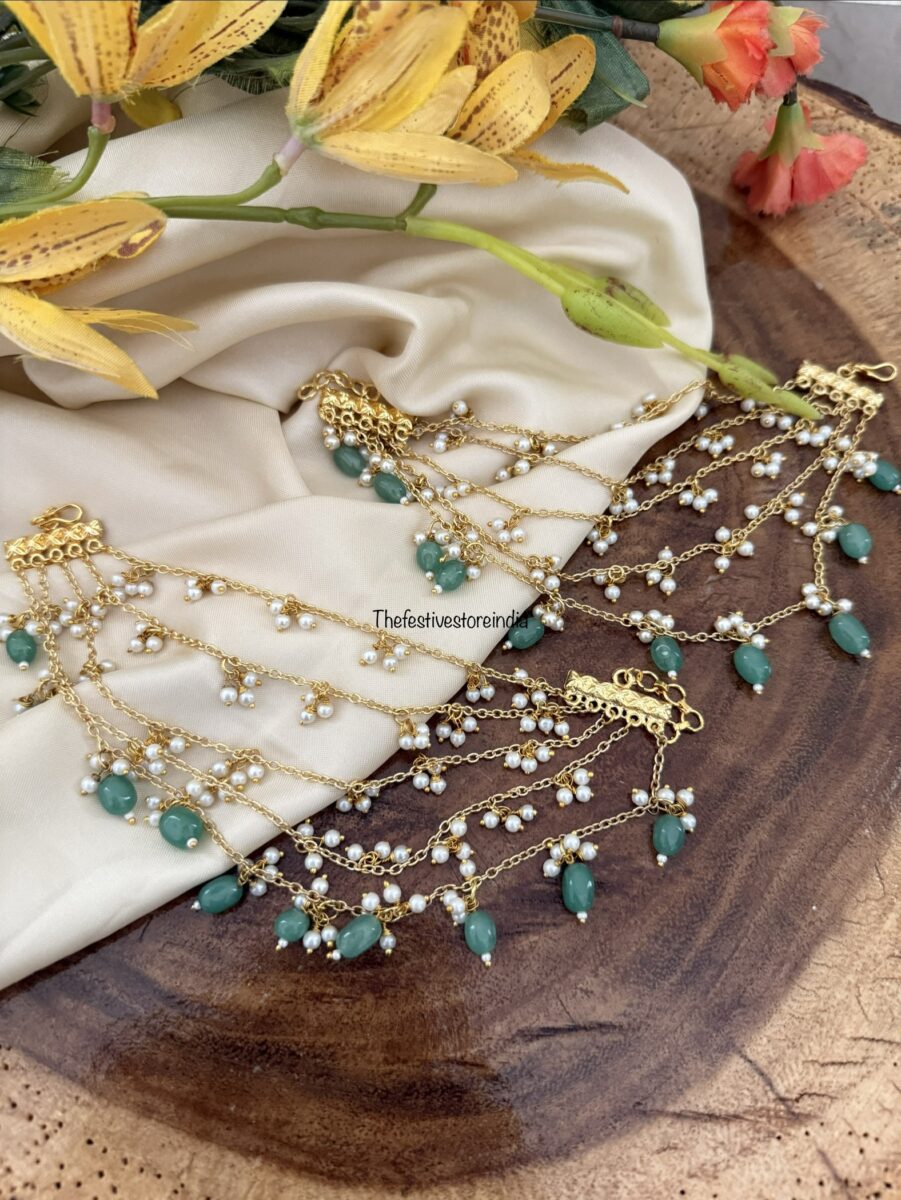 5 layer pastel green drops and pearls ear chain | maatil | Bridal | Champasaralu