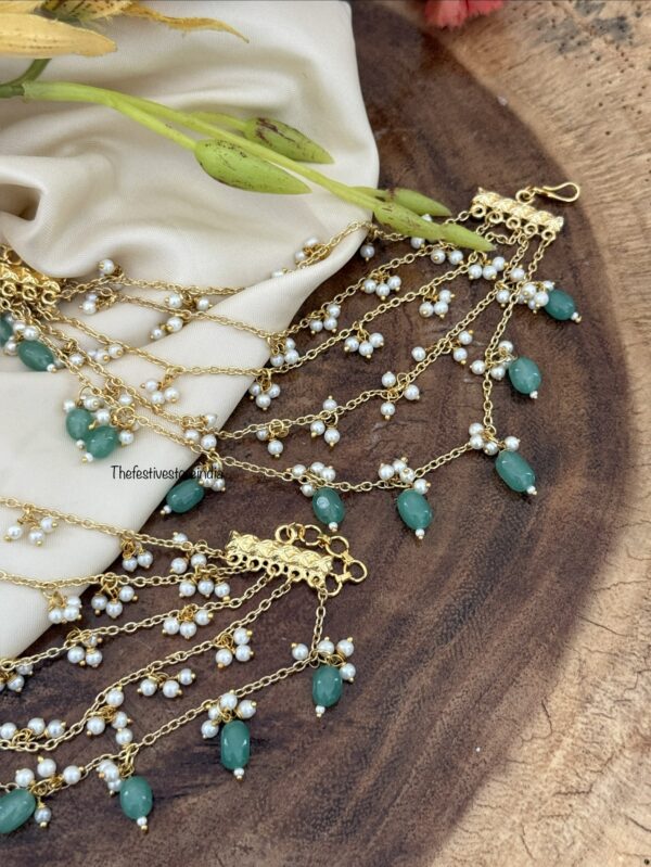 5 layer pastel green drops and pearls ear chain | maatil | Bridal | Champasaralu
